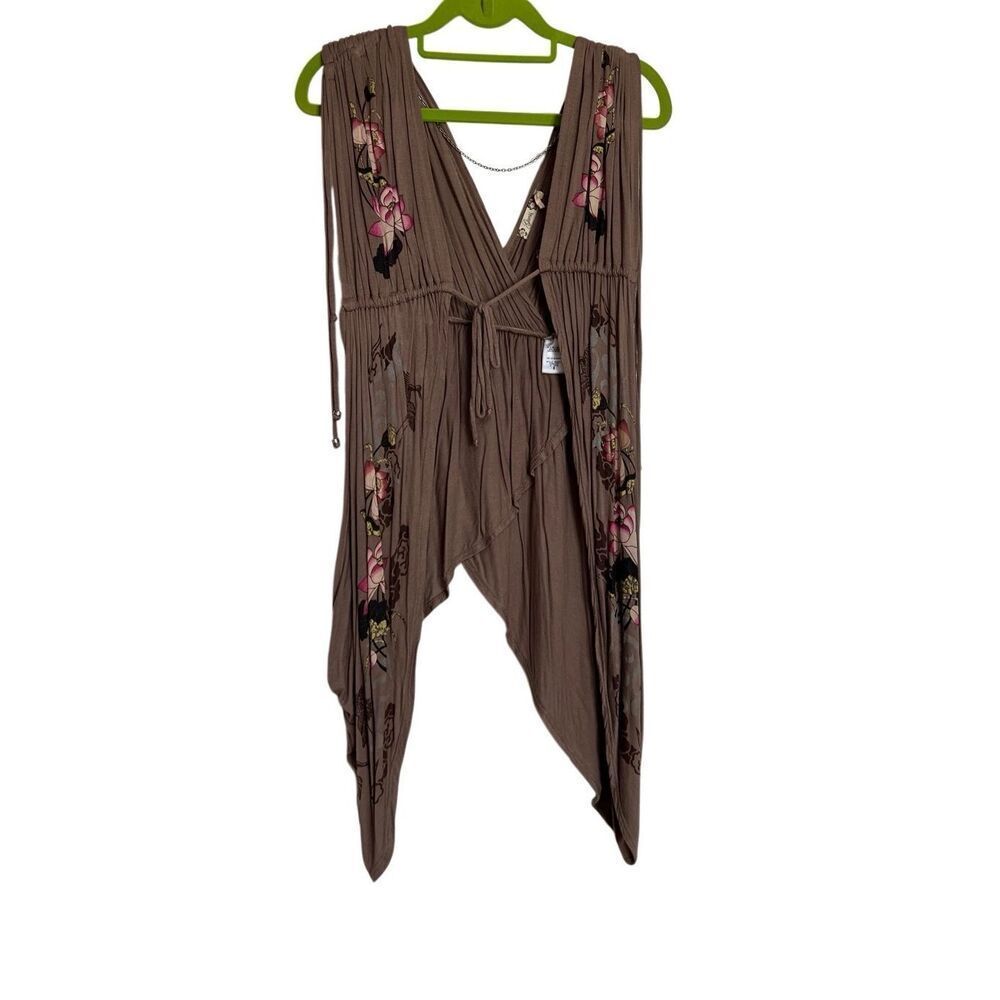 Guess Cover Up Womens Size Small Brown Pink Floral Tie Waist Asymmetrical Hem